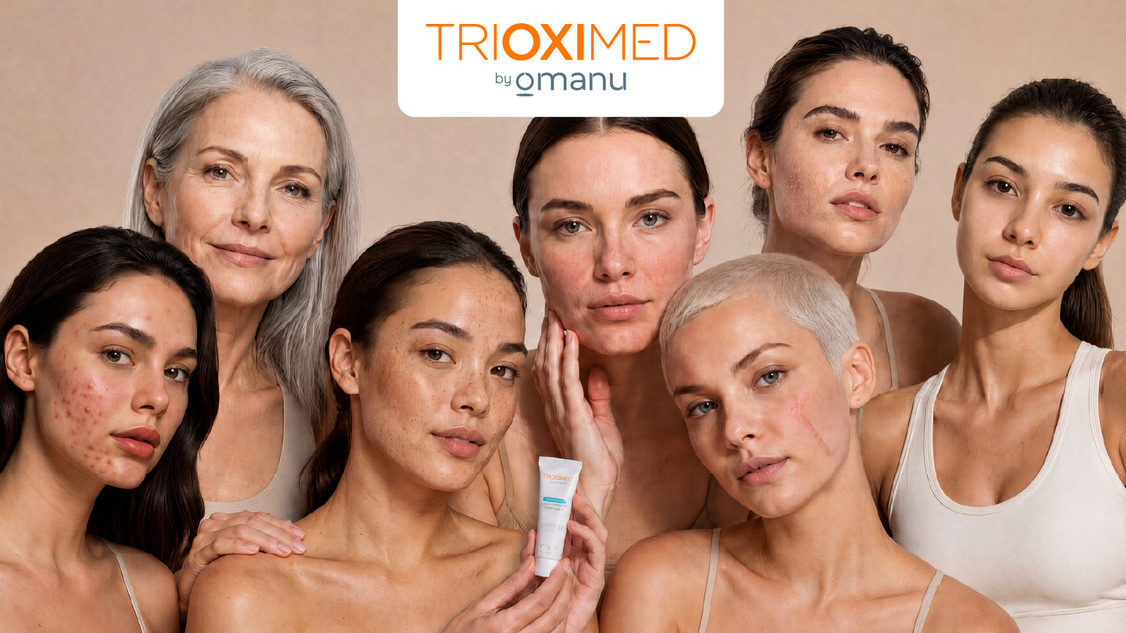 Personas con diferentes tipos de piel mostrando las líneas de cuidado facial de Trioximed con aceite ozonizado.